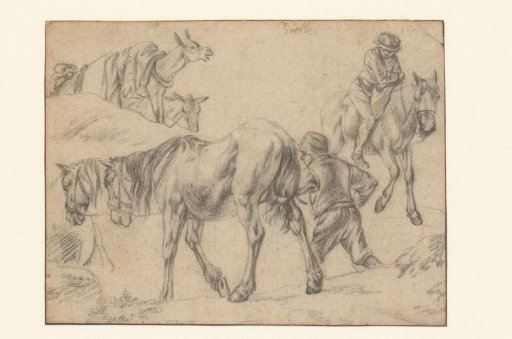 Study sheet with figures, horses and donkeys