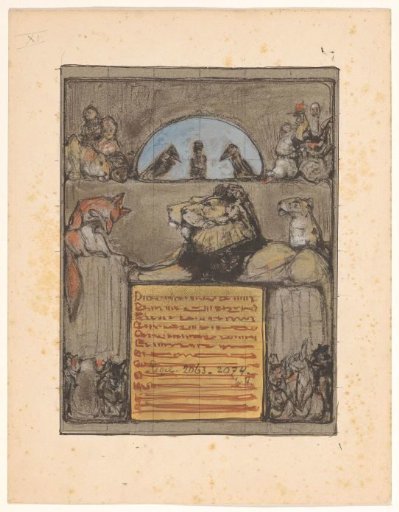 Reynard bows before King Nobel and the assembled animals