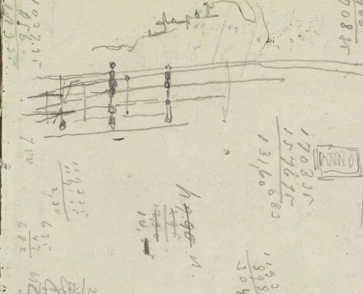 Study sheet with a city view, a cornerstone, and annotations