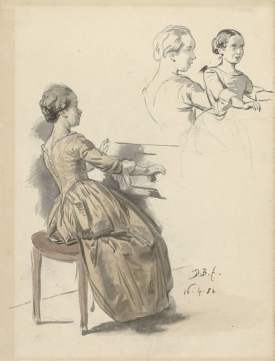Singing woman at the keyboard and two sketches of the same woman