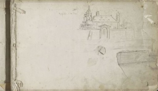 Church behind a wall with a gate and a monogram