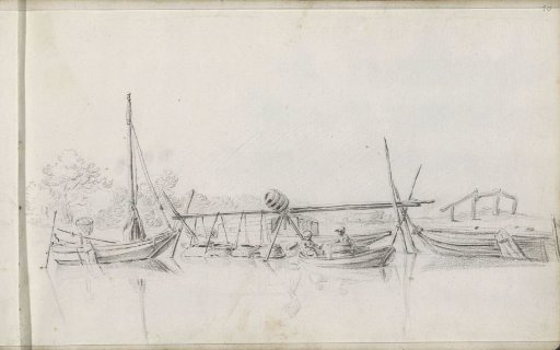 River view with boats at anchor near a fishing place