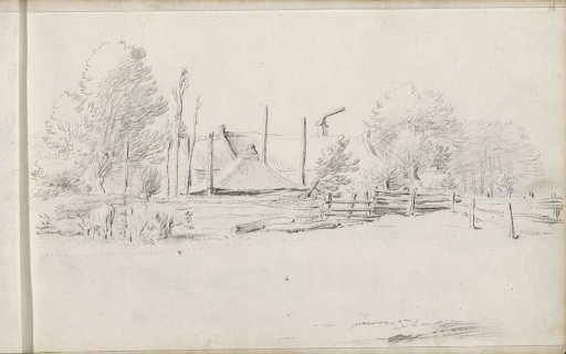 Farmhouse with a haystack and a milking farmer's wife
