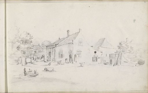 Farmyard with laundry, an animal, and figures