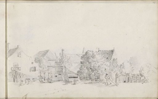 Farmyard with a farmer sharpening a scythe