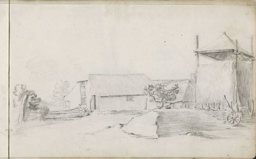 Farmyard with a haystack and a broken wheel