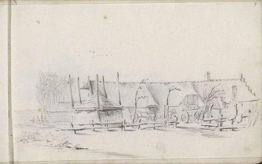 Farmyard with a haystack and two carts