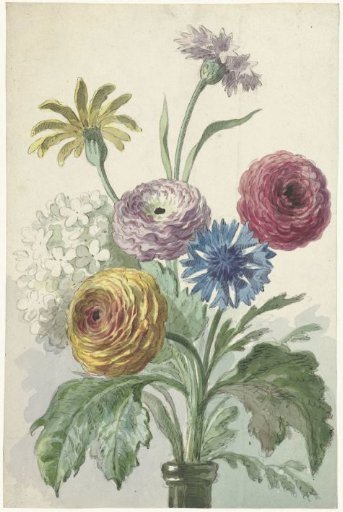 Bouquet of Flowers in the Neck of a Green Vase