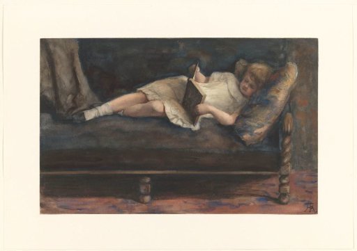 Reading girl, lying on a bench