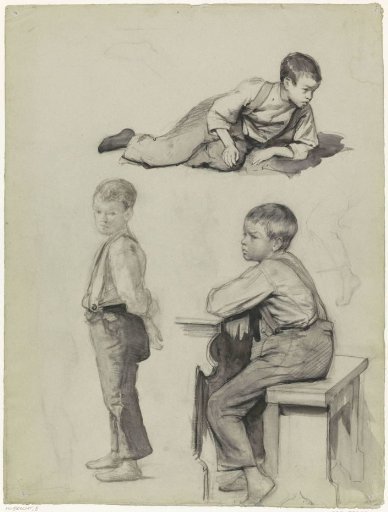 Three studies of a boy, standing, lying down, and sitting on a bench