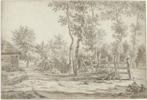 Landscape with Trees, Houses, and a Fence on the Right