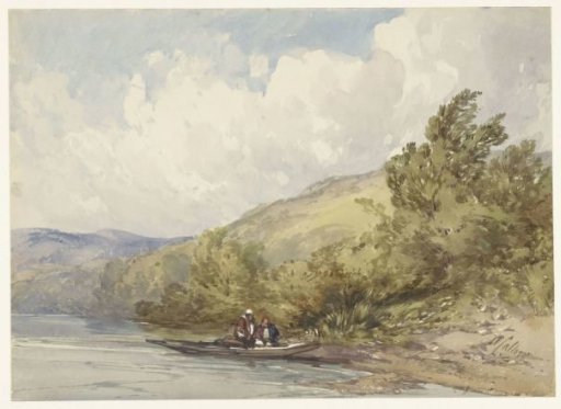 Hilly landscape with a lake and a boat with two figures