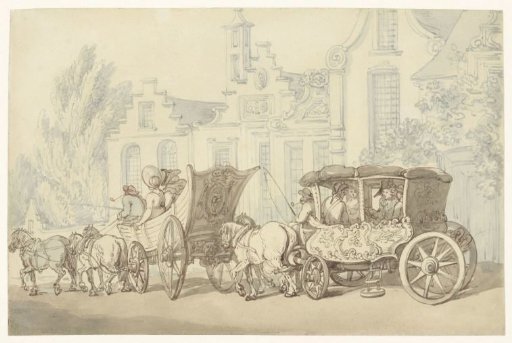 Open carriage and coach in a quasi-Dutch street