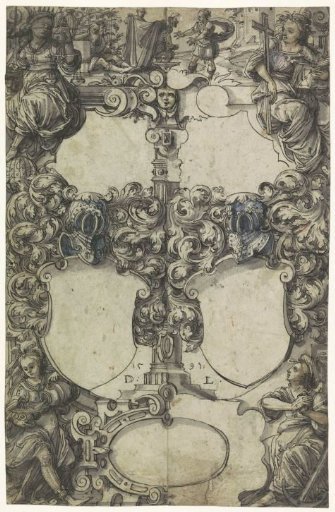 Design for a stained-glass window with the four virtues and two empty coats of arms; at the top the Drunkenness of Noah
