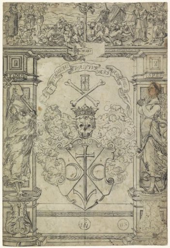 Design for a stained-glass window with a coat of arms, the figures Fides and Spes, and Moses and the Brazen Serpent