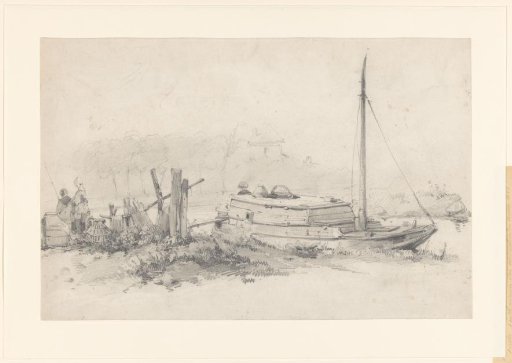 Barge at the quay with a fisherman and a woman