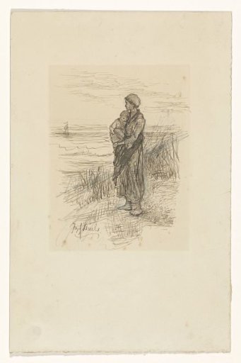 Fisherman's wife with child in her arms on the beach