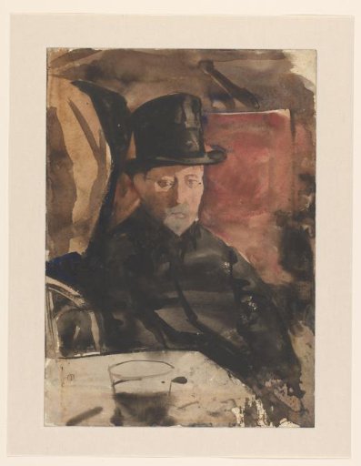 Seated man with top hat in a café