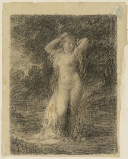 Standing nude woman in a wooded landscape with water