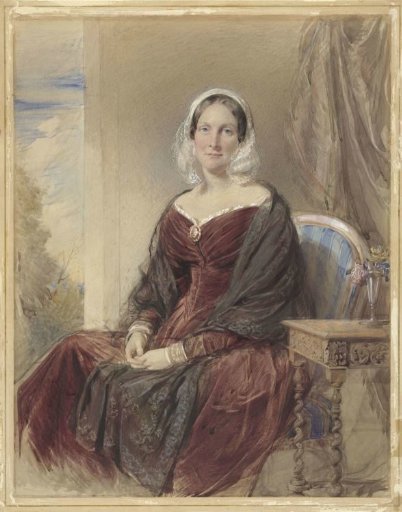 Portrait of a seated lady with a view through to the outside