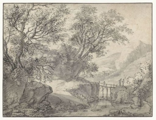 Mountain landscape with trees and a bridge over a stream