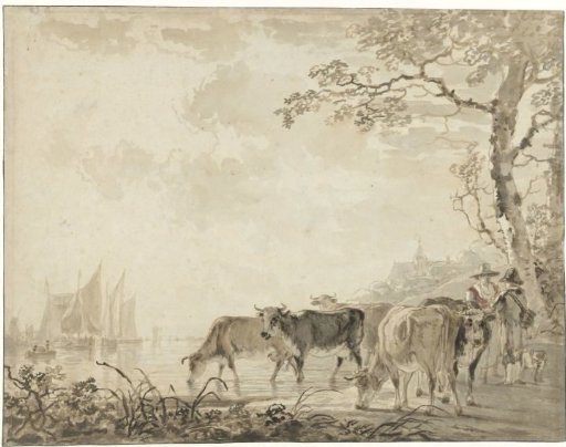 Landscape with cows by a river with ships