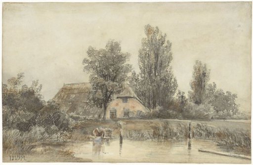 Farmhouse and a woman washing