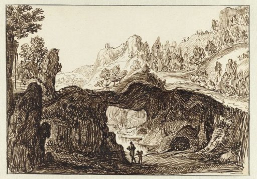 Rocky Mountain Landscape with Two Travellers in the Foreground