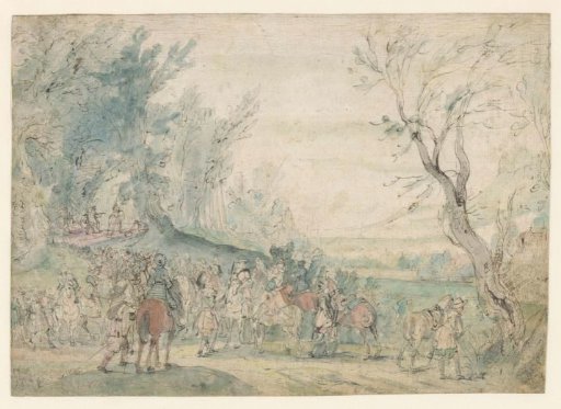 Armed riders at the edge of a wood
