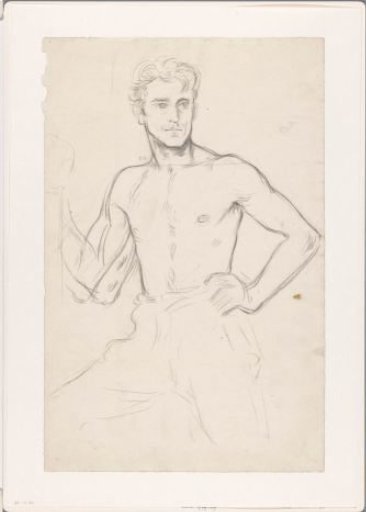 Standing man with bare upper body, legs apart