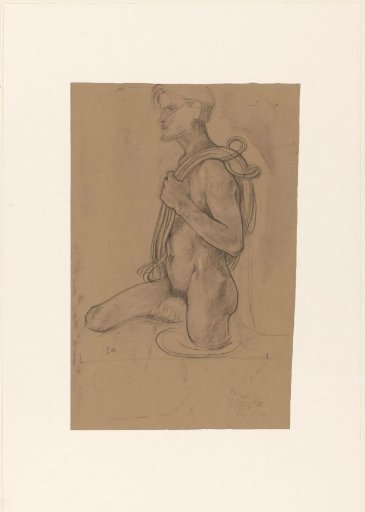 Standing male nude in the water with rope over the shoulder