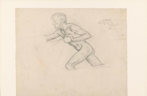Naked boy in the water, pushing
