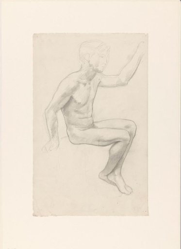 Sitting naked boy with raised arm