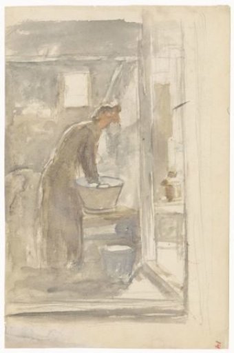 Interior with woman at the washing tub