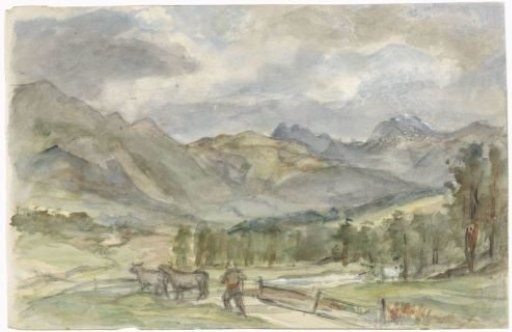Mountain Landscape with a Cattle Herder and Two Cows