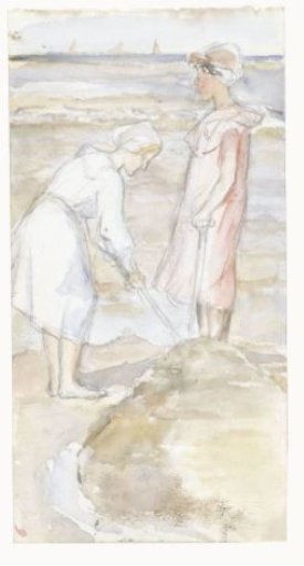 Two girls in pink and white on the beach
