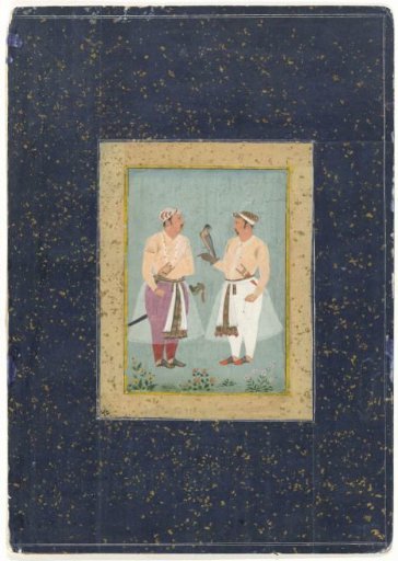 Two standing courtiers, the right one with a bird of prey on his arm