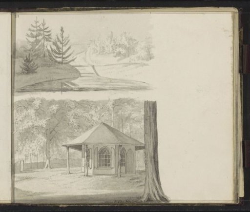 Garden pavilion and a landscape with coniferous trees