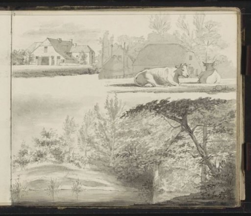 Landscapes with cattle, water and buildings