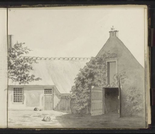 Courtyard with a Barn and a Dog