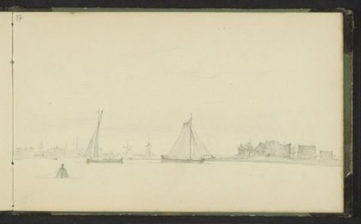 Landscape with water, sailing boats and windmills