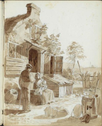 Man and woman with a child on a farmyard