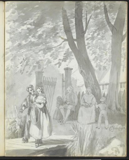 Couple on a bridge in front of a house