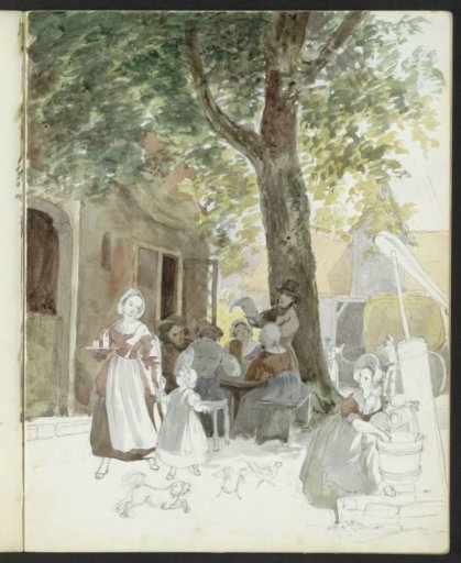 Village street with a water pump and figures