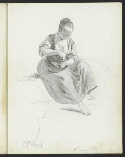 Seated woman with basket and a sailing ship