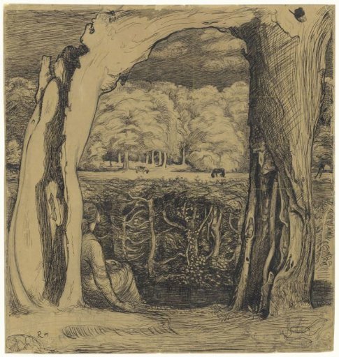 Landscape with a woman sitting between two willows