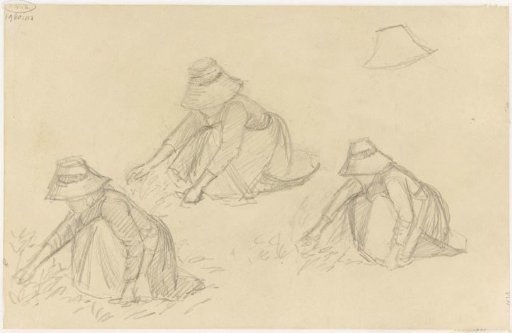 Three studies of a crouching woman in the countryside