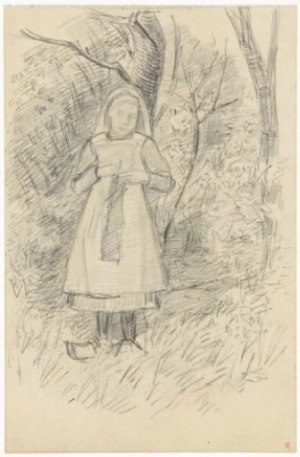 Knitting girl, standing under a tree