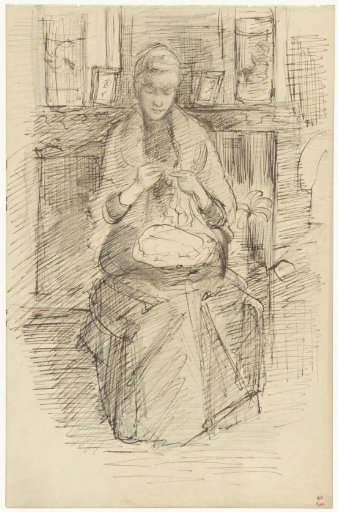 Woman doing needlework in front of a fireplace