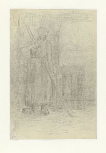 Standing woman with pitchfork in barn